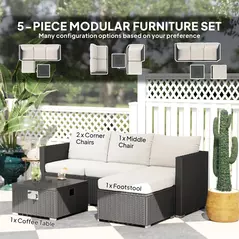 Outsunny Five Piece Rattan Garden Furniture Set with Gas Fire Pit Table and Footstool - Black and Cream White - 4