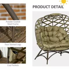 Outsunny 2 Seater Egg Chair Outdoor, Folding Weave Garden Furniture Chair with Cushion, Cup Pockets - Khaki - 7