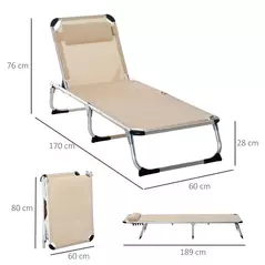 Outsunny Foldable Outdoor Sun Loungers Set of 2, Reclining Lounge Chair Camping Bed Cot with Pillow 4-Level Adjustable Back Aluminium Frame, Khaki - 3