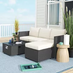 Outsunny Five Piece Rattan Garden Furniture Set with Gas Fire Pit Table and Footstool - Black and Cream White - 9