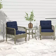 Outsunny 3 Pieces Rattan Bistro Set with Glass Top Coffee Table, Chairs and Cushions for Outdoor, Patio, Balcony, Charcoal Grey - 3