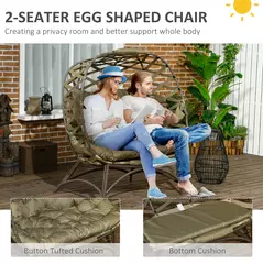 Outsunny 2 Seater Egg Chair Outdoor, Folding Weave Garden Furniture Chair with Cushion, Cup Pockets - Khaki - 5