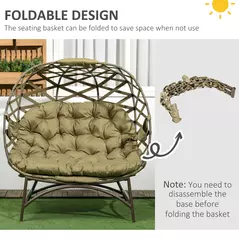 Outsunny 2 Seater Egg Chair Outdoor, Folding Weave Garden Furniture Chair with Cushion, Cup Pockets - Khaki - 6