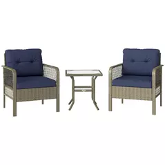 Outsunny 3 Pieces Rattan Bistro Set with Glass Top Coffee Table, Chairs and Cushions for Outdoor, Patio, Balcony, Charcoal Grey - 1