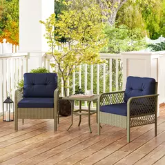 Outsunny 3 Pieces Rattan Bistro Set with Glass Top Coffee Table, Chairs and Cushions for Outdoor, Patio, Balcony, Charcoal Grey - 2