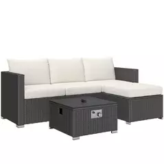 Outsunny Five Piece Rattan Garden Furniture Set with Gas Fire Pit Table and Footstool - Black and Cream White - 1