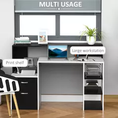 HOMCOM Computer Desk with Drawers and Storage Shelves, Office Desk Writing Table with Printer Stand, Large Workstation for Study Play Work Home Office, 137 x 55 x 92cm, Black and White - 4