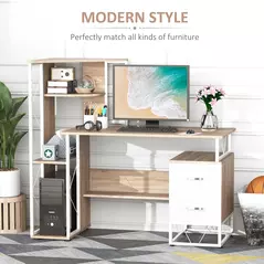 HOMCOM Computer Desk with Drawers and Bookshelf, Writing Desk for Home Office with Storage Shelves, Study Workstation, Oak - 4