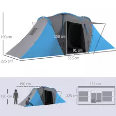 Outsunny Large Camping Tent Tunnel Tent with 2 Bedroom and Living Area, 2000mm Waterproof, Portable with Bag for 4-6 Man, Blue - 3