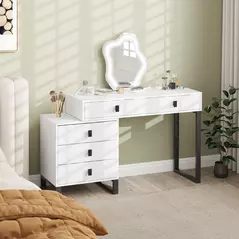 HOMCOM Dressing Table, Vanity Desk with Leaf Shape Mirror, Makeup Table with 5 Drawers, 3-Colour LED Lights, 100x40cm Tabletop, White - 2