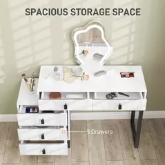 HOMCOM Dressing Table, Vanity Desk with Leaf Shape Mirror, Makeup Table with 5 Drawers, 3-Colour LED Lights, 100x40cm Tabletop, White - 5