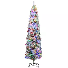 HOMCOM 7ft Snowy Artificial Christmas Tree, with Lights, Decorations and Pine Cones - 1