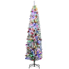 HOMCOM 7ft Snowy Artificial Christmas Tree, with Lights, Decorations and Pine Cones - 1