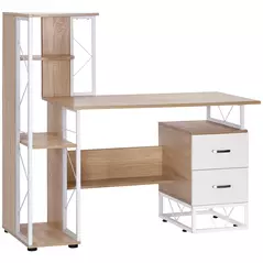 HOMCOM Computer Desk with Drawers and Bookshelf, Writing Desk for Home Office with Storage Shelves, Study Workstation, Oak - 1