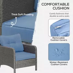 Outsunny 5 Pieces PE Rattan Garden Furniture Set, Wicker Outdoor Sofa Set w/ 2 Armchairs 2 Stools Glass Top Table Cushions, Blue - 5