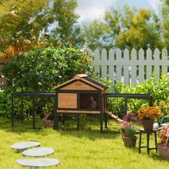 PawHut Wooden Rabbit Hutch Outdoor with Steel Run, Wooden Guinea Pig Cage with Removable Plastic Tray, Asphalt Roof, Ramp - 8