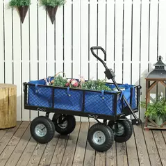 Outsunny 114L Steel Frame Garden Cart Trolley - Blue - 2