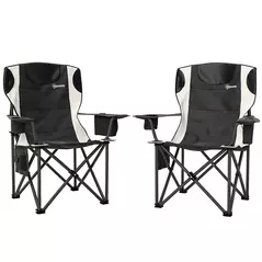 Outsunny Set of 2 Folding Camping Chairs, Padded Camping Chairs with Adjustable Armrests, Portable & Lightweight Folding Camp Chair with Cooler Bag, Cup Holder and Side Pockets, Black - 1