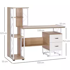 HOMCOM Computer Desk with Drawers and Bookshelf, Writing Desk for Home Office with Storage Shelves, Study Workstation, Oak - 3
