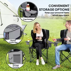 Outsunny Set of 2 Folding Camping Chairs, Padded Camping Chairs with Adjustable Armrests, Portable & Lightweight Folding Camp Chair with Cooler Bag, Cup Holder and Side Pockets, Grey - 6