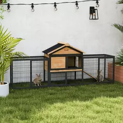 PawHut Wooden Rabbit Hutch Outdoor with Steel Run, Wooden Guinea Pig Cage with Removable Plastic Tray, Asphalt Roof, Ramp - 2