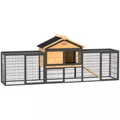 PawHut Wooden Rabbit Hutch Outdoor with Steel Run, Wooden Guinea Pig Cage with Removable Plastic Tray, Asphalt Roof, Ramp - 1