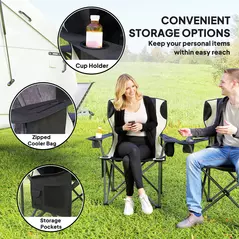 Outsunny Set of 2 Folding Camping Chairs, Padded Camping Chairs with Adjustable Armrests, Portable & Lightweight Folding Camp Chair with Cooler Bag, Cup Holder and Side Pockets, Black - 6