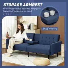 HOMCOM Three-Seater Sofa Bed, with Cupholders - Dark Blue - 4