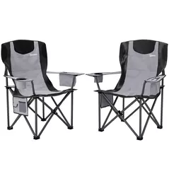 Outsunny Set of 2 Folding Camping Chairs, Padded Camping Chairs with Adjustable Armrests, Portable & Lightweight Folding Camp Chair with Cooler Bag, Cup Holder and Side Pockets, Grey - 1
