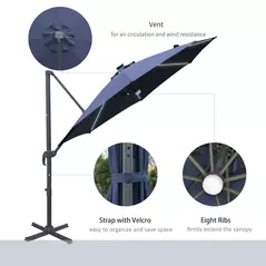 Outsunny 3(m) LED Cantilever Parasol Outdoor Sun Umbrella w/ Base Solar Lights Blue - 7
