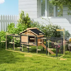 PawHut Wooden Rabbit Hutch Outdoor with Steel Run, Wooden Guinea Pig Cage with Removable Plastic Tray, Asphalt Roof, Ramp - 3