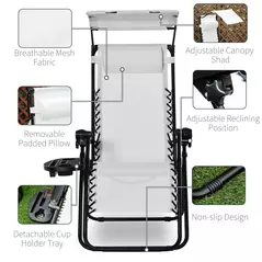 Outsunny 2 Piece Foldable Reclining Garden Chair with Headrest, Zero Gravity Deck Sun Lounger Seat Chair with Footrest, Armrest, Cup Holder & Canopy Shade, White - 5