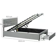 HOMCOM Double Size Ottoman Bed Frame 140W x 193.5D x 95Hcm with Front Drawer - Grey - 3