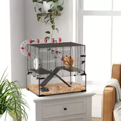 PawHut Gerbil Cage Dwarf Hamster Cage, with Deep Glass Bottom, Tunnels, Hut, Exercise Wheel, 60 x 40 x 57cm - 2
