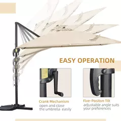 Outsunny 2.7 x 2.7 m Cantilever Parasol, Square Overhanging Umbrella with Cross Base, Crank Handle, Tilt, 360° Rotation and Aluminium Frame, Cream White - 4