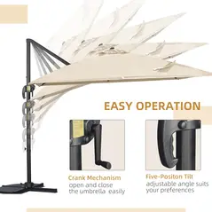 Outsunny 2.7 x 2.7 m Cantilever Parasol, Square Overhanging Umbrella with Cross Base, Crank Handle, Tilt, 360° Rotation and Aluminium Frame, Cream White - 4