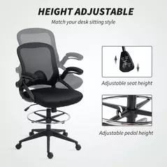 Vinsetto Drafting Chair with Flip-up Armrest, Mesh Office Stool with Foot Ring, 360 Degree Swivel Height Adjustable Chair for Standing Desk, Black - 4