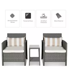 Outsunny 3 Pieces Rattan Bistro Set, Wicker Garden Furniture Set, Glass Top 2-tier Coffee Table and Chairs Set with Pillows and Washable Cushions for Outdoor, Patio, Balcony, Light Grey - 4