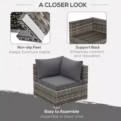 Outsunny Outdoor PE Rattan Corner Sofa, Garden Wicker Furniture Single Sofa Chair w/ Cushions, Deep Grey - 6