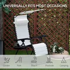 Outsunny 2 Piece Foldable Reclining Garden Chair with Headrest, Zero Gravity Deck Sun Lounger Seat Chair with Footrest, Armrest, Cup Holder & Canopy Shade, White - 7