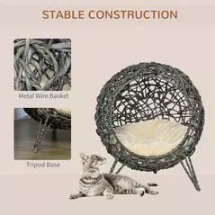PawHut Rattan Elevated Cat Bed House Kitten Basket Ball Shaped Pet Furniture w/ Removable Cushion - Silver-Tone and Grey - 4