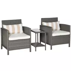 Outsunny 3 Pieces Rattan Bistro Set, Wicker Garden Furniture Set, Glass Top 2-tier Coffee Table and Chairs Set with Pillows and Washable Cushions for Outdoor, Patio, Balcony, Light Grey - 1