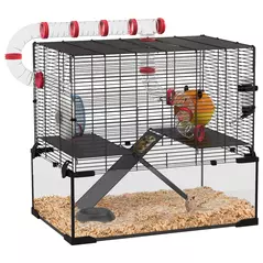 PawHut Gerbil Cage Dwarf Hamster Cage, with Deep Glass Bottom, Tunnels, Hut, Exercise Wheel, 60 x 40 x 57cm - 1