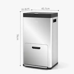 HOMCOM 56L Triple Compartment Stainless Steel Kitchen Bin, with Deodoriser Holders and Wheels - Silver Tone - 3