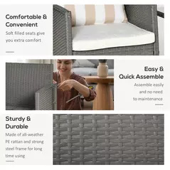 Outsunny 3 Pieces Rattan Bistro Set, Wicker Garden Furniture Set, Glass Top 2-tier Coffee Table and Chairs Set with Pillows and Washable Cushions for Outdoor, Patio, Balcony, Light Grey - 7