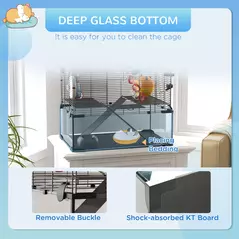 PawHut Gerbil Cage Dwarf Hamster Cage, with Deep Glass Bottom, Tunnels, Hut, Exercise Wheel, 60 x 40 x 57cm - 6