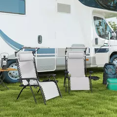 Outsunny 2 Piece Foldable Reclining Garden Chair with Headrest, Zero Gravity Deck Sun Lounger Seat Chair with Footrest, Armrest, Cup Holder & Canopy Shade, White - 2