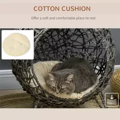 PawHut Rattan Elevated Cat Bed House Kitten Basket Ball Shaped Pet Furniture w/ Removable Cushion - Silver-Tone and Grey - 5