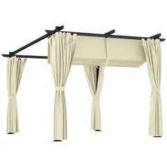 Outsunny 3 x 3 m Retractable Roof Pergola, with Curtains - Beige - 1