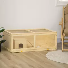 PawHut Wooden Hamster Cage with Sliding Tray, Openable Top, Hut for Syrian Hamster, Natural Wood Finish - 2
